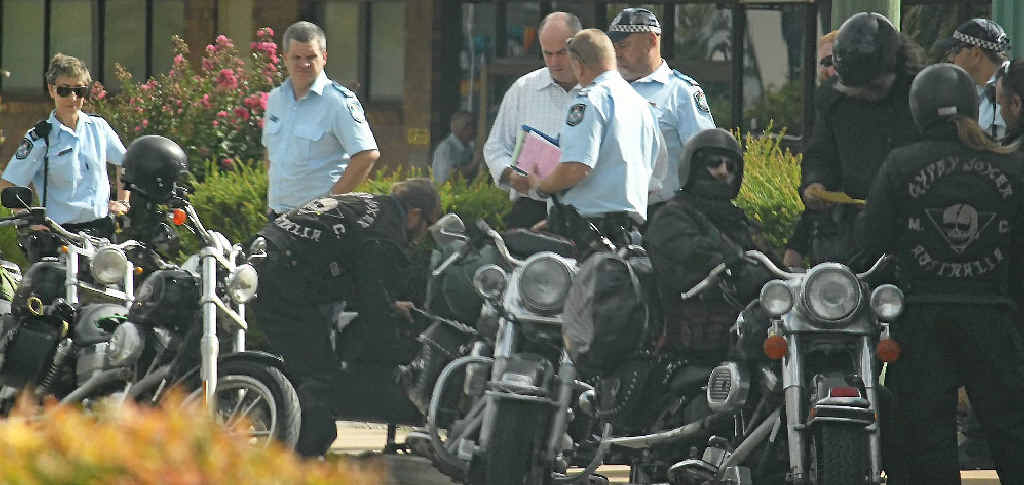 Four police vehicles intercepted the six bikes on Warwick’s Albion St. Four police vehicles intercepted the six bikes on Warwick’s Albion St.